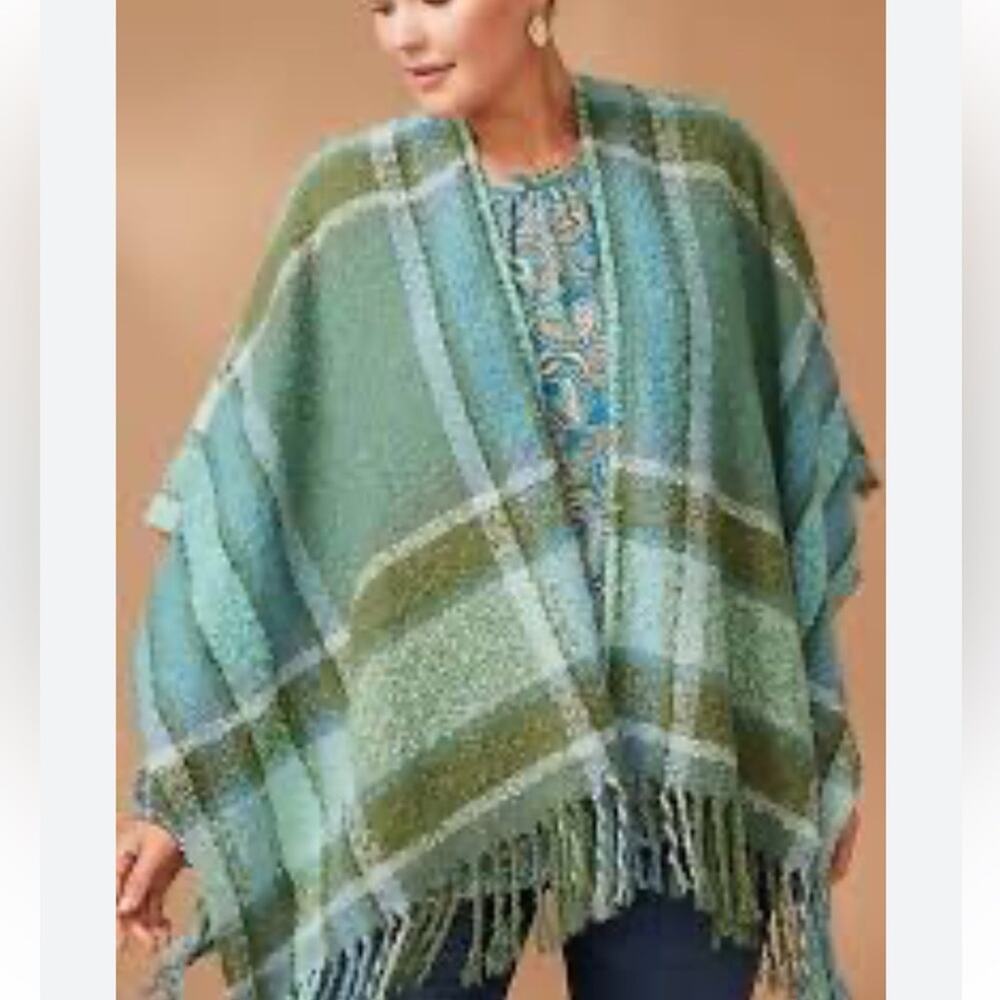 J Jill Green Plaid Fringe Cozy Boucle Rana Poncho Cape Womens OS Boho Fall - Picture 3 of 9